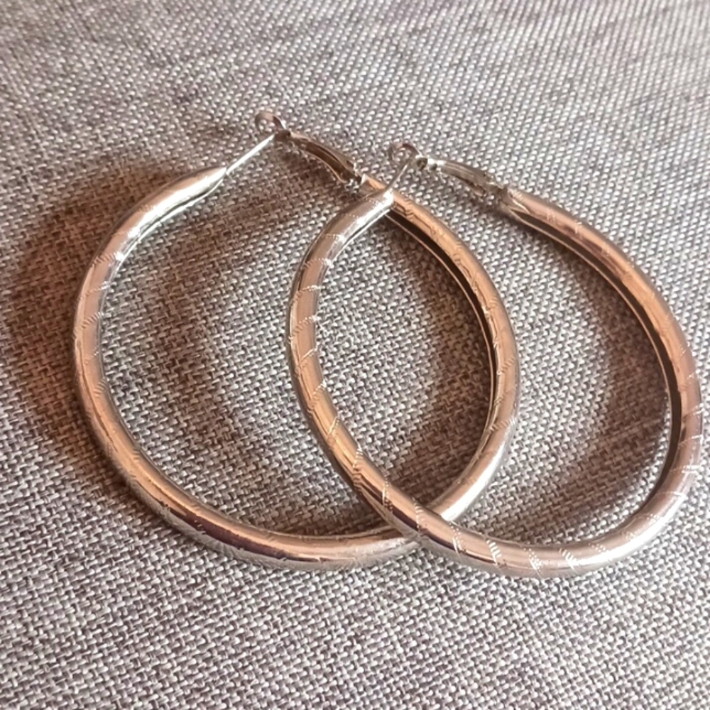 Huge Silvertone Hoops w/ Design - Pre-loved (2.5")